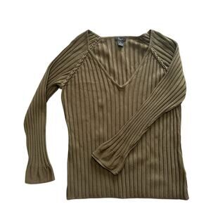 QUE- Ribbed V neck sweater - braided detail, dark green- XL- ribbed sweater